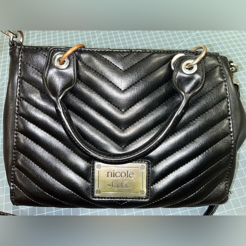 Nicole Miller black faux leather chevron satchel purse - Picture 2 of 16